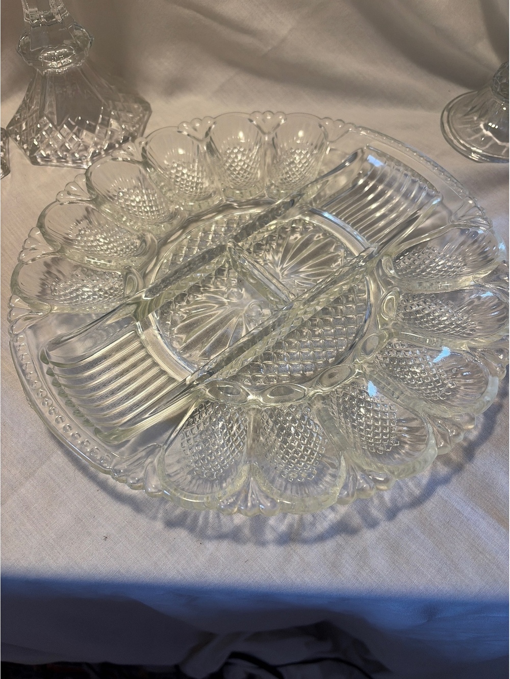 Vintage Clear Glass Deviled Egg Platter with Divided Center
